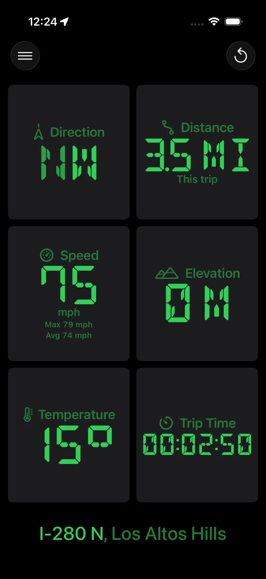 Car Driver Dash in the Digital Retro green LED theme, portrait