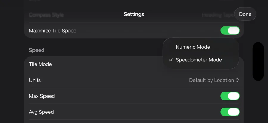 Car Driver Dash settings in landscape, showing the speed tile mode picker
