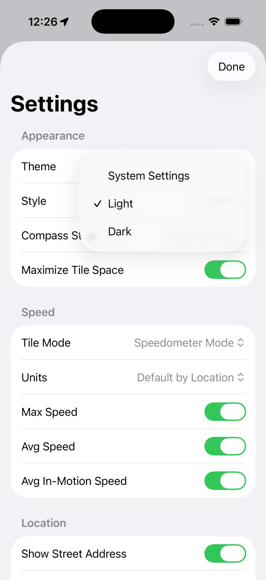 Car Driver Dash settings in the Light theme, showing the System/Light/Dark picker