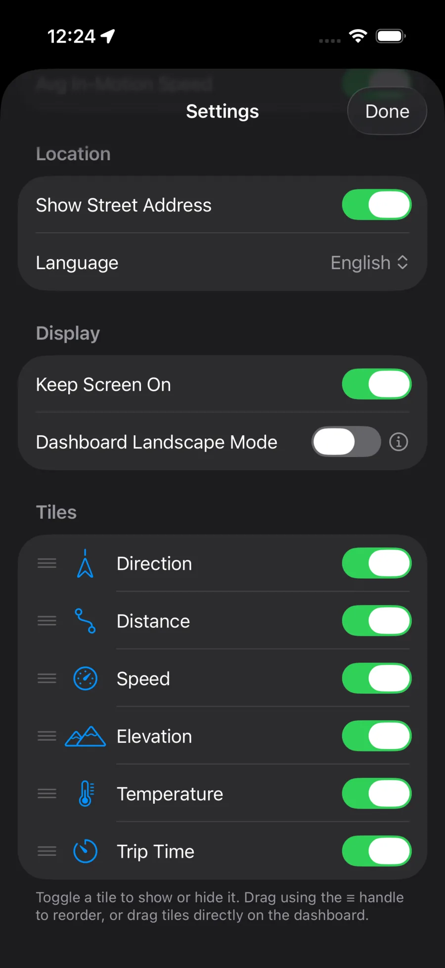 Car Driver Dash settings for choosing and reordering tiles