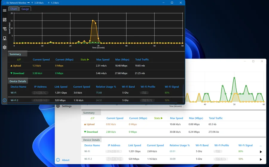 DL Network Monitor light and dark themes side by side