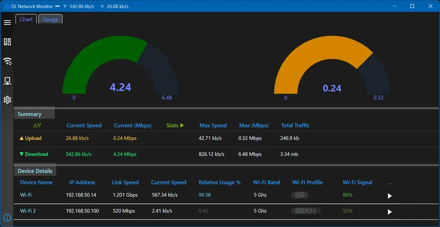 DL Network Monitor animated speed gauges