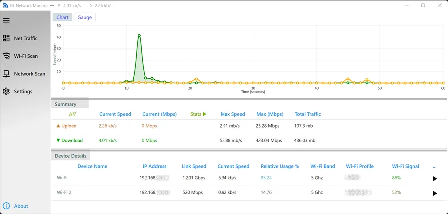 DL Network Monitor in the light theme