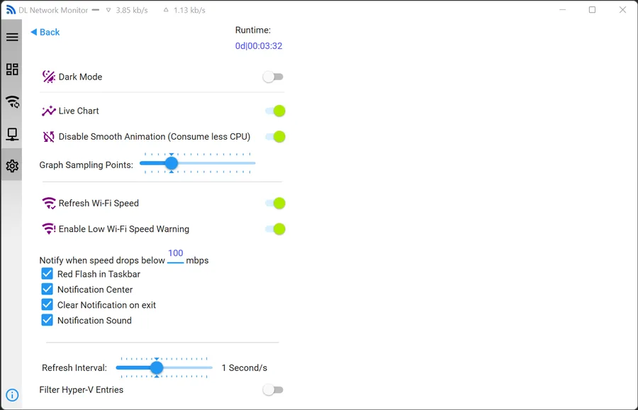 DL Network Monitor settings