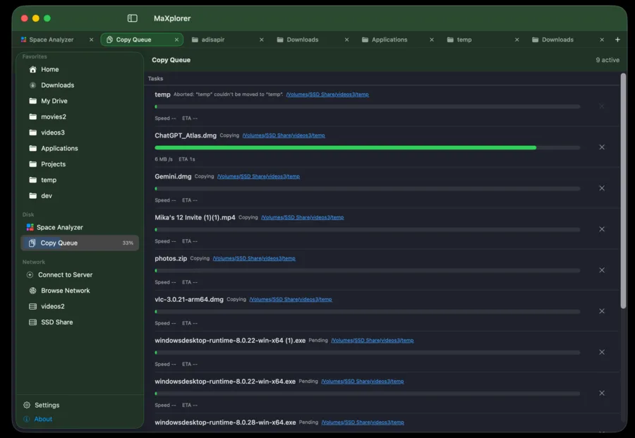 MaXplorer copy/move queue with live per-file progress