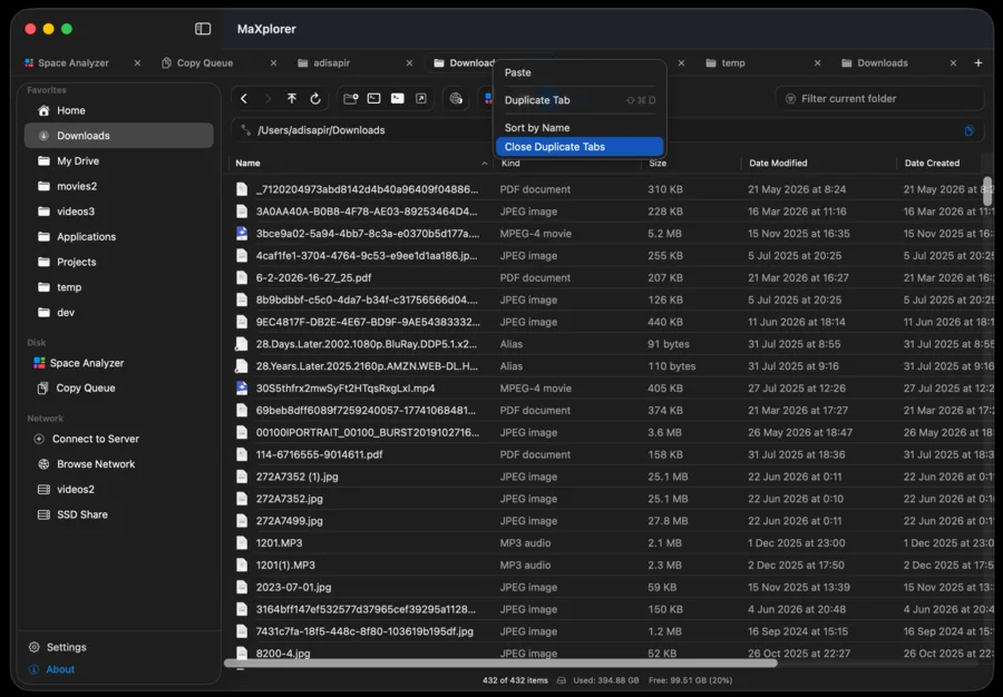 MaXplorer main window showing tabbed folder browsing and a context menu