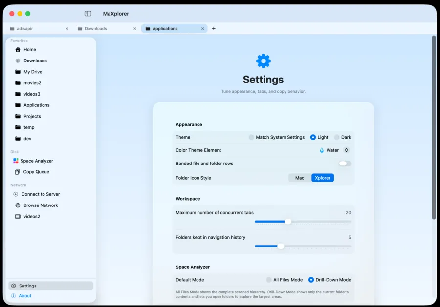 MaXplorer settings in light mode