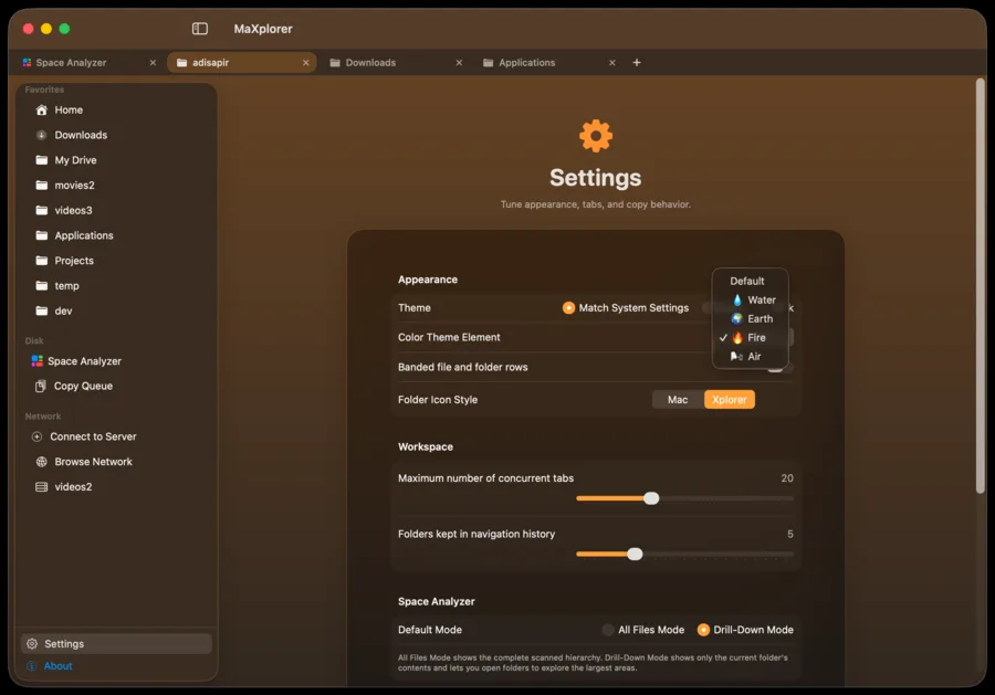 MaXplorer settings with elemental color theme picker