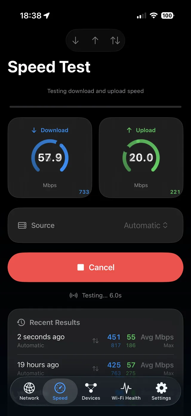 Network Pulse iOS speed test with download/upload gauges