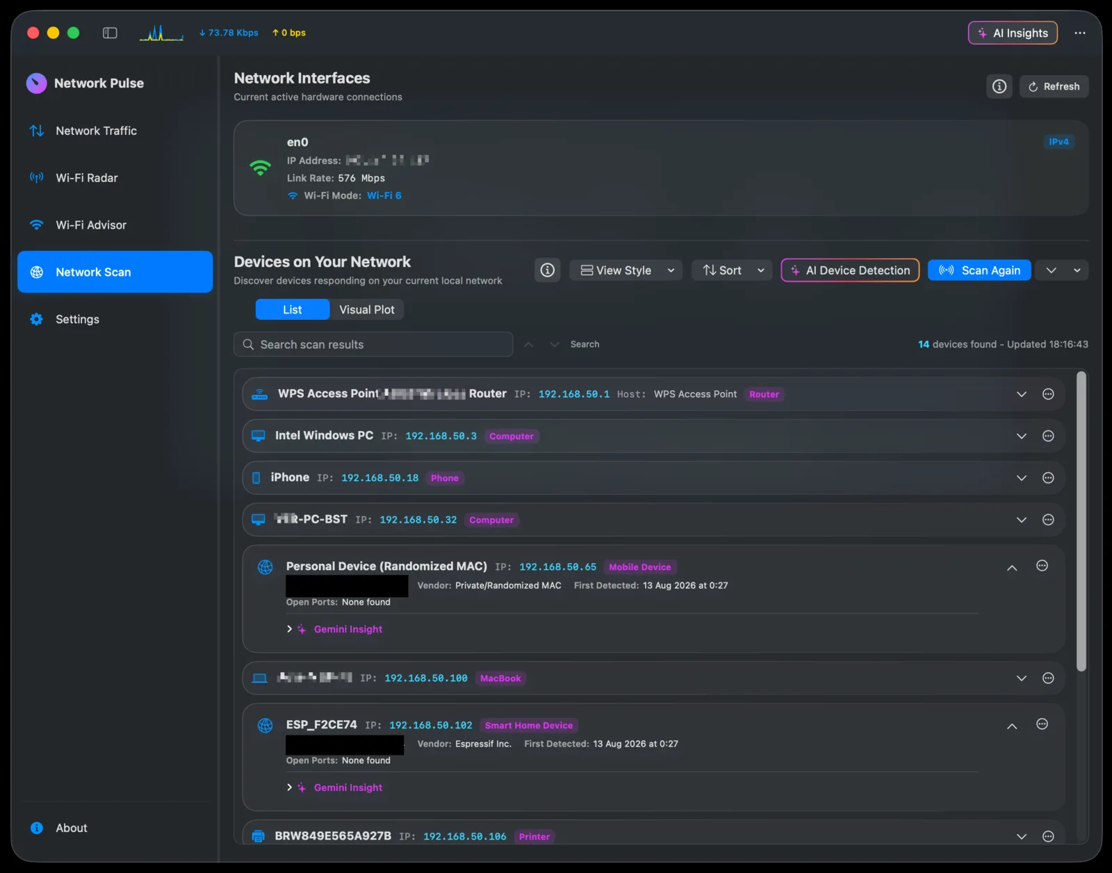 Local network device scan results